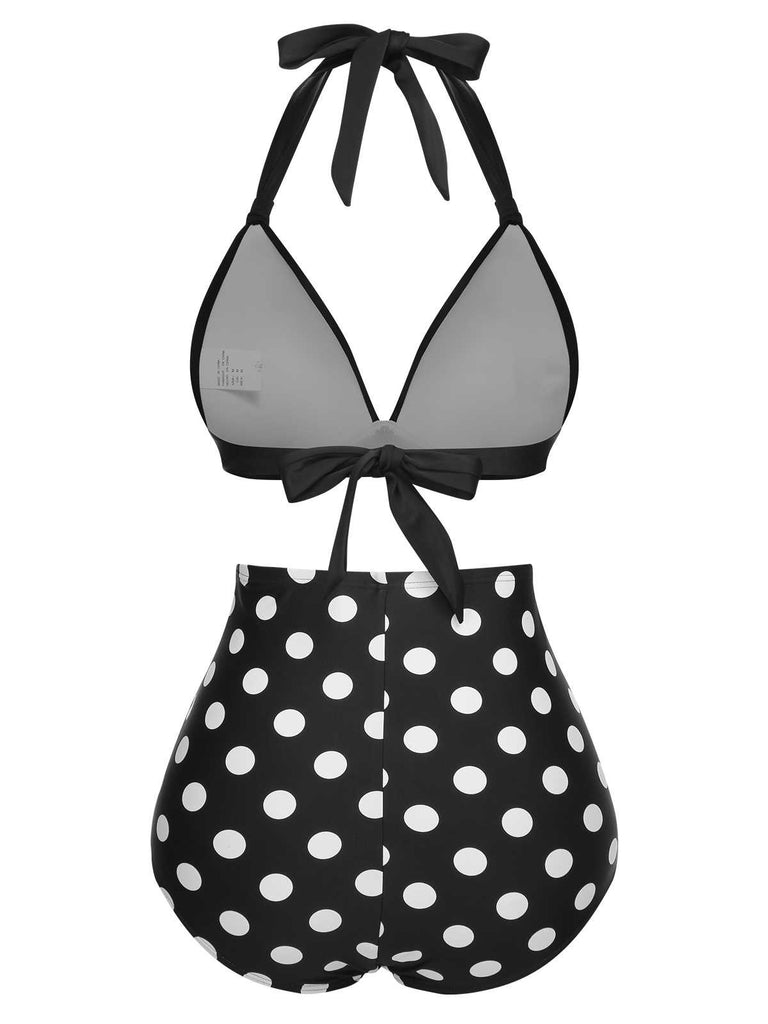 1950s Halter Contrast Polka Dots Swimsuit