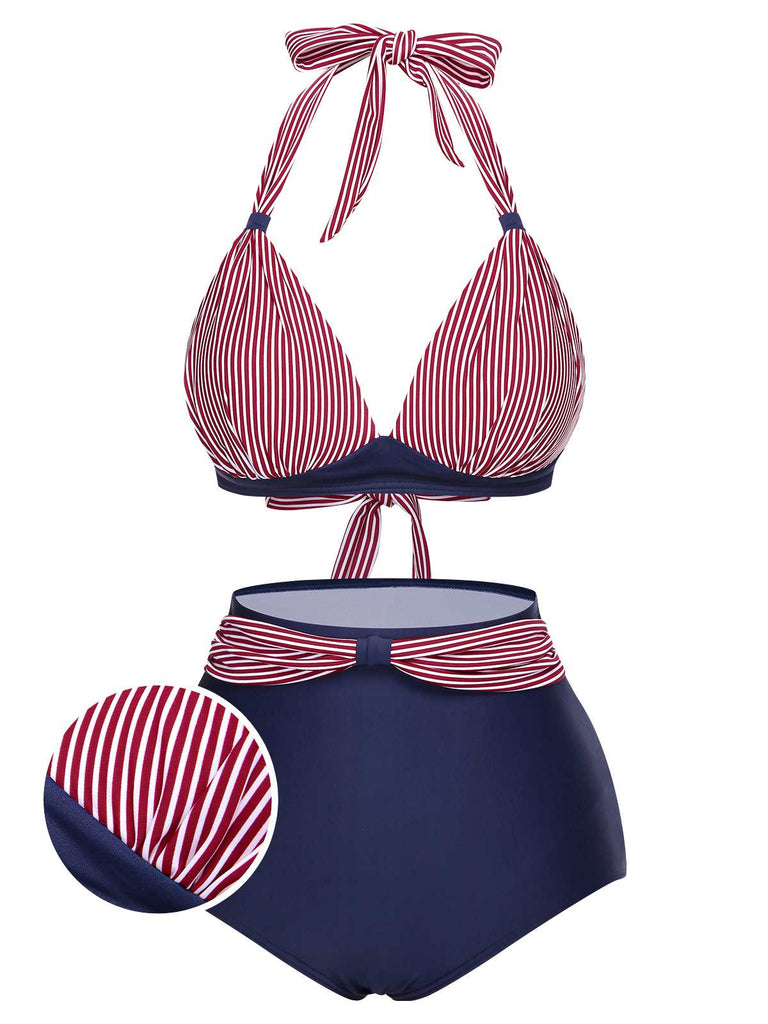 1950s Halter Contrast Polka Dots Swimsuit