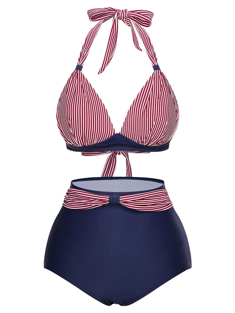 1950s Halter Contrast Polka Dots Swimsuit