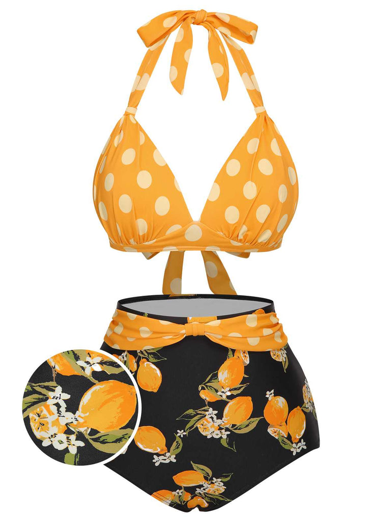 1950s Halter Contrast Polka Dots Swimsuit