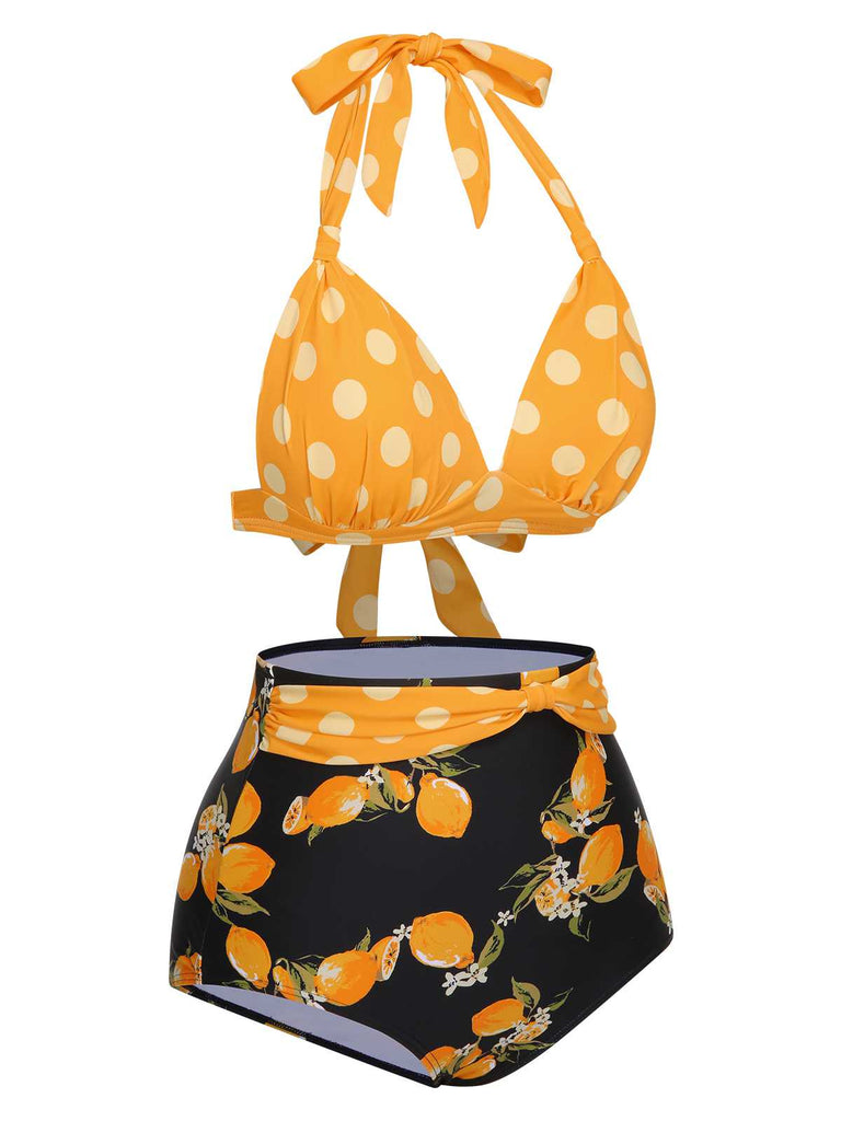 1950s Halter Contrast Polka Dots Swimsuit
