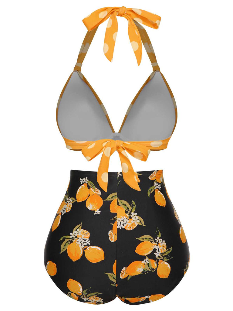 1950s Halter Contrast Polka Dots Swimsuit