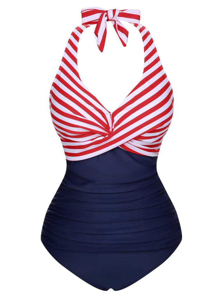 1950s Halter Stripes One-Piece Swimsuit