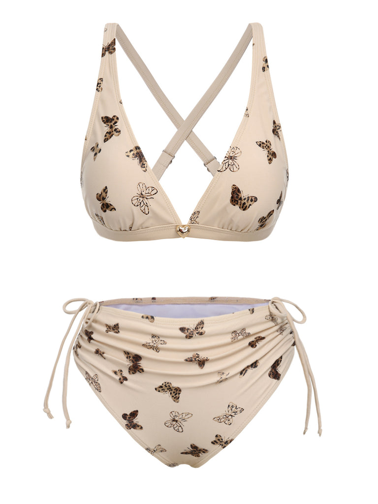 Apricot 1950s Butterfly Mesh Lace-Up Swimsuit