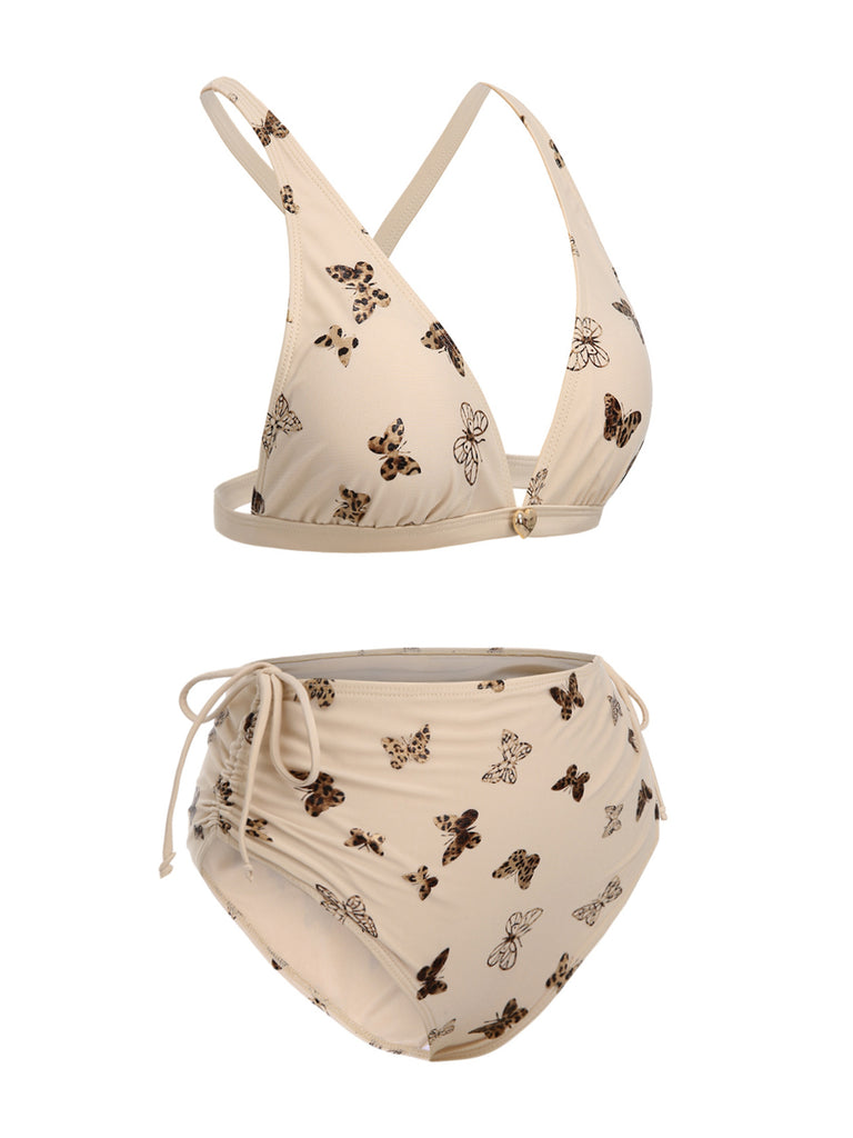 Apricot 1950s Butterfly Mesh Lace-Up Swimsuit