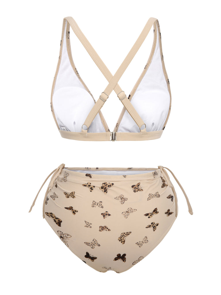 Apricot 1950s Butterfly Mesh Lace-Up Swimsuit