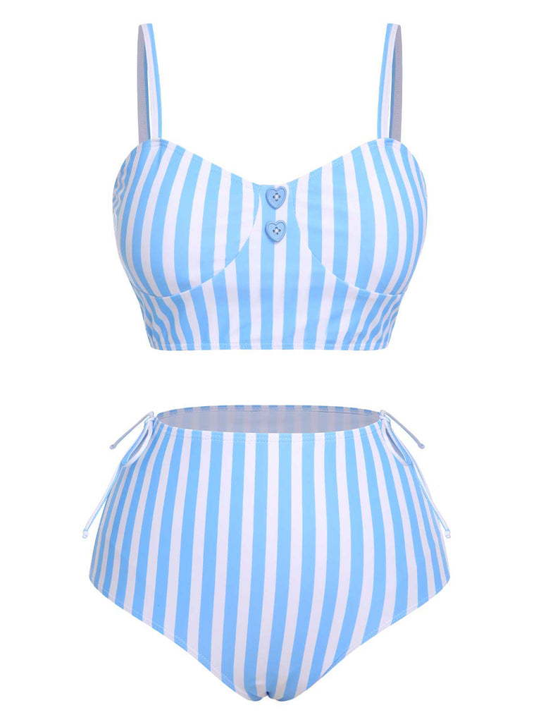 Blue 1950s Striped Heart Button Swimsuit