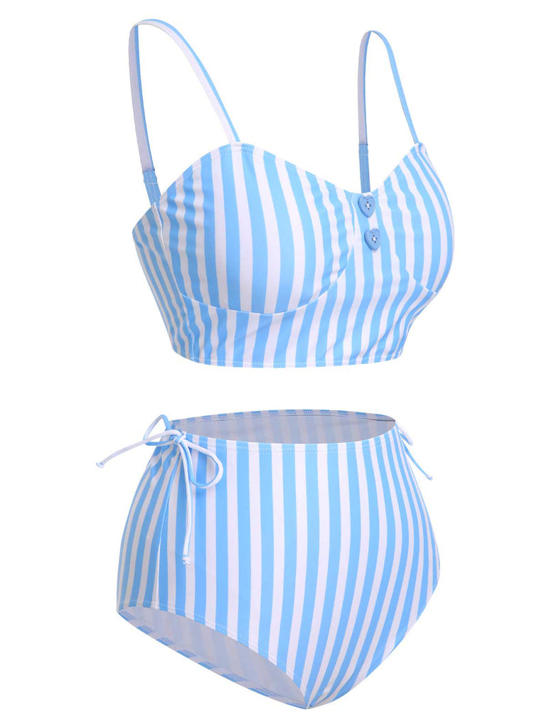 Blue 1950s Striped Heart Button Swimsuit