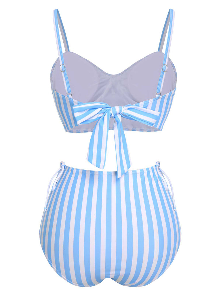 Blue 1950s Striped Heart Button Swimsuit