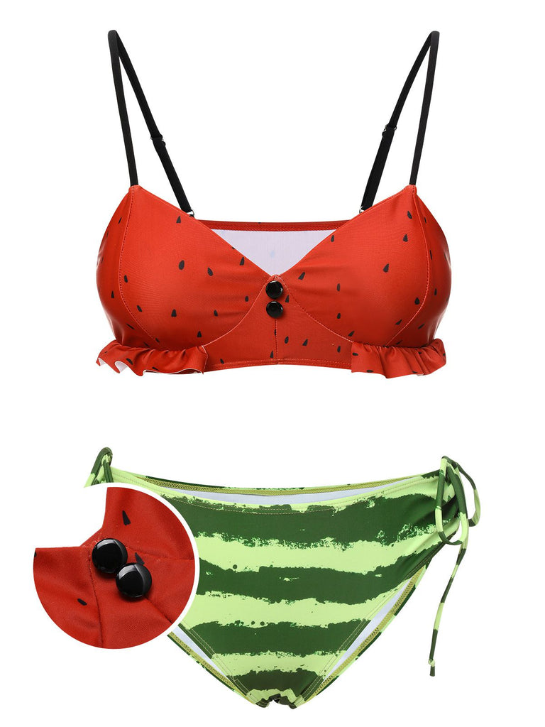 Red 1950s Watermelon Suspender Bikini Set