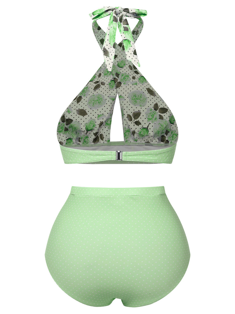 Green 1940s Floral Cross Halter Swimsuit