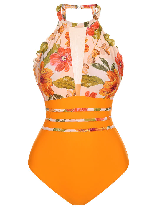 Orange 1960s Halter Floral One-Piece Swimsuit
