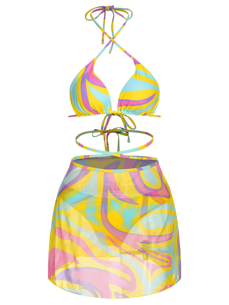 1970s Colorful Halter Bikini Set & Cover-Up