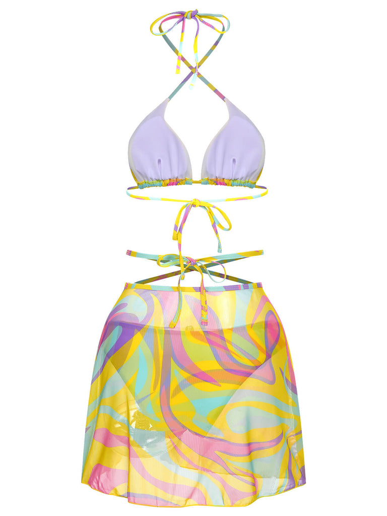 1970s Colorful Halter Bikini Set & Cover-Up
