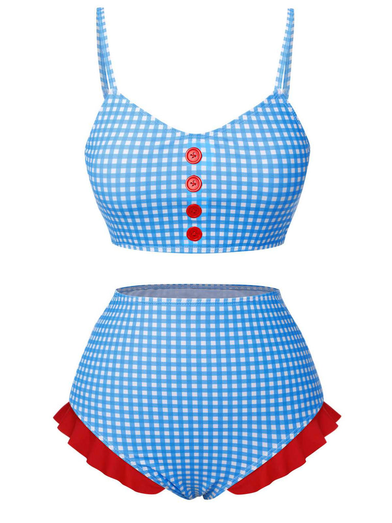 Blue 1950s Spaghetti Strap Button Plaids Swimsuit