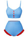 Blue 1950s Spaghetti Strap Button Plaids Swimsuit