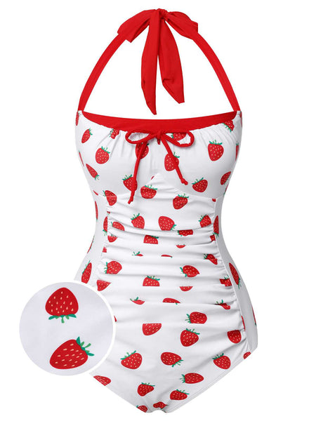 Red 1960s Halter Bow Strawberry One-Piece Swimsuit Retro Stage