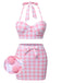 Pink 1950s Halter Plaids Bow Swimsuit