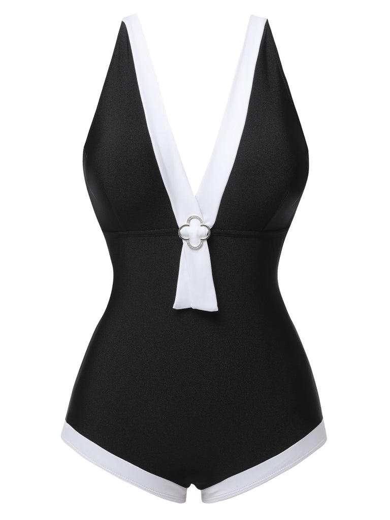 Black 1960s V-Neck Patchwork One-Piece Swimsuit