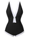 Black 1960s V-Neck Patchwork One-Piece Swimsuit