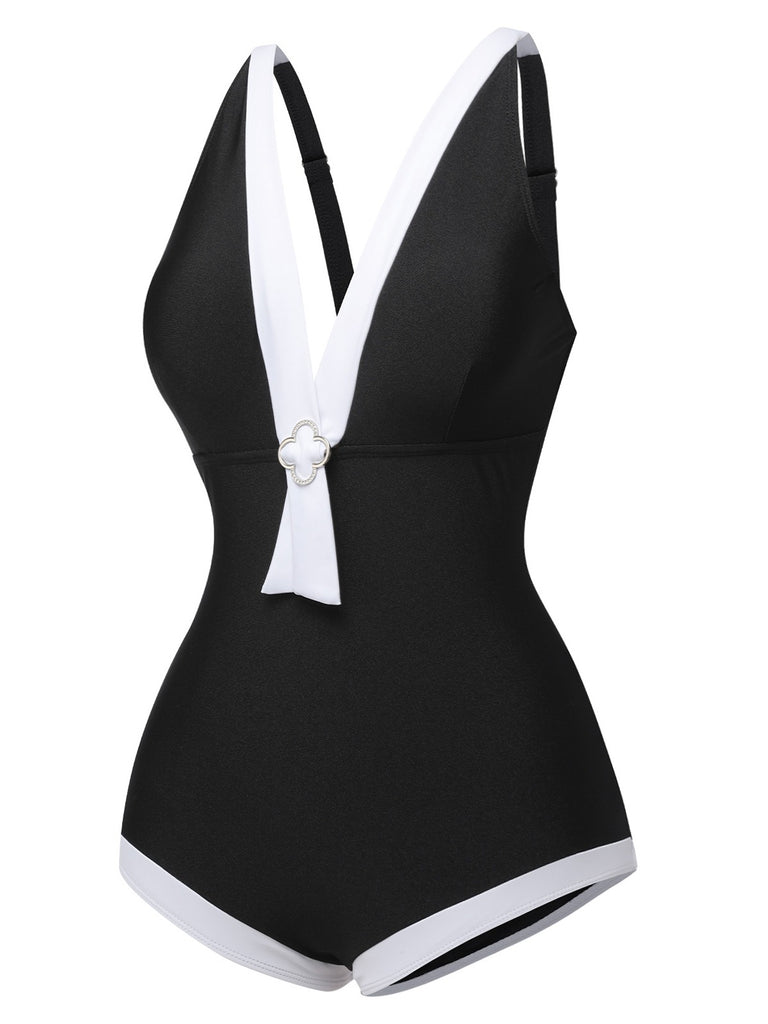Black 1960s V-Neck Patchwork One-Piece Swimsuit