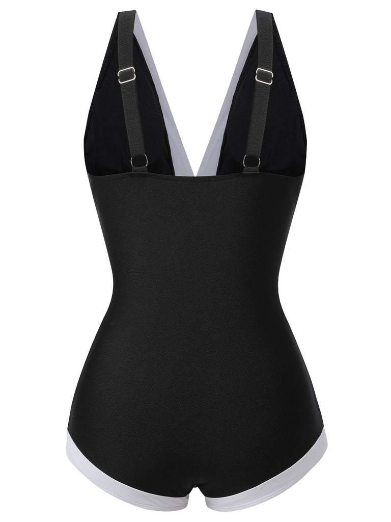 Black 1960s V-Neck Patchwork One-Piece Swimsuit