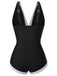 Black 1960s V-Neck Patchwork One-Piece Swimsuit