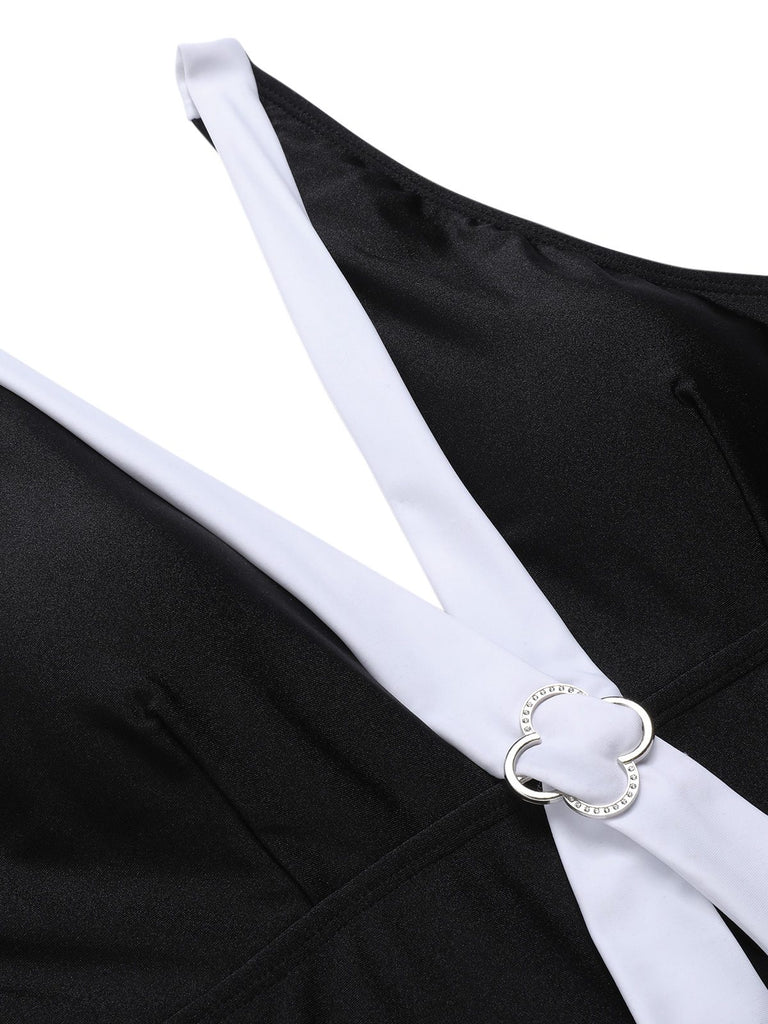 Black 1960s V-Neck Patchwork One-Piece Swimsuit