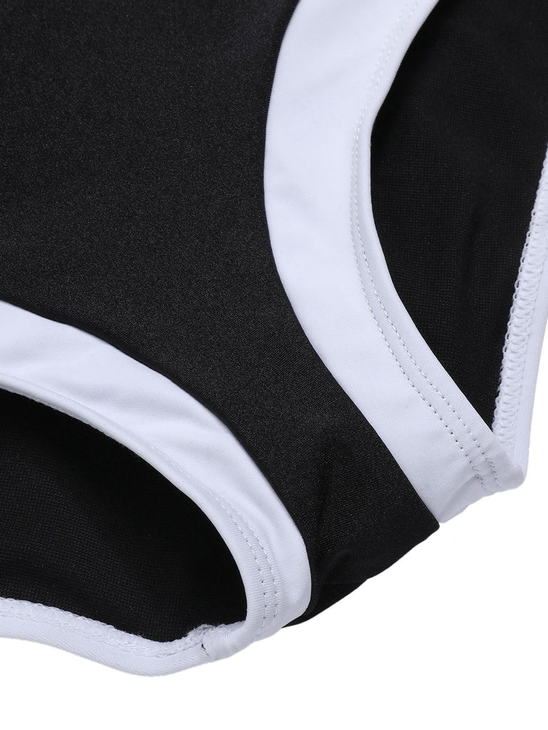 Black 1960s V-Neck Patchwork One-Piece Swimsuit