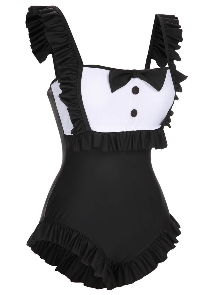 Black 1960s Tuxedo Ruffle Strap Swimsuit