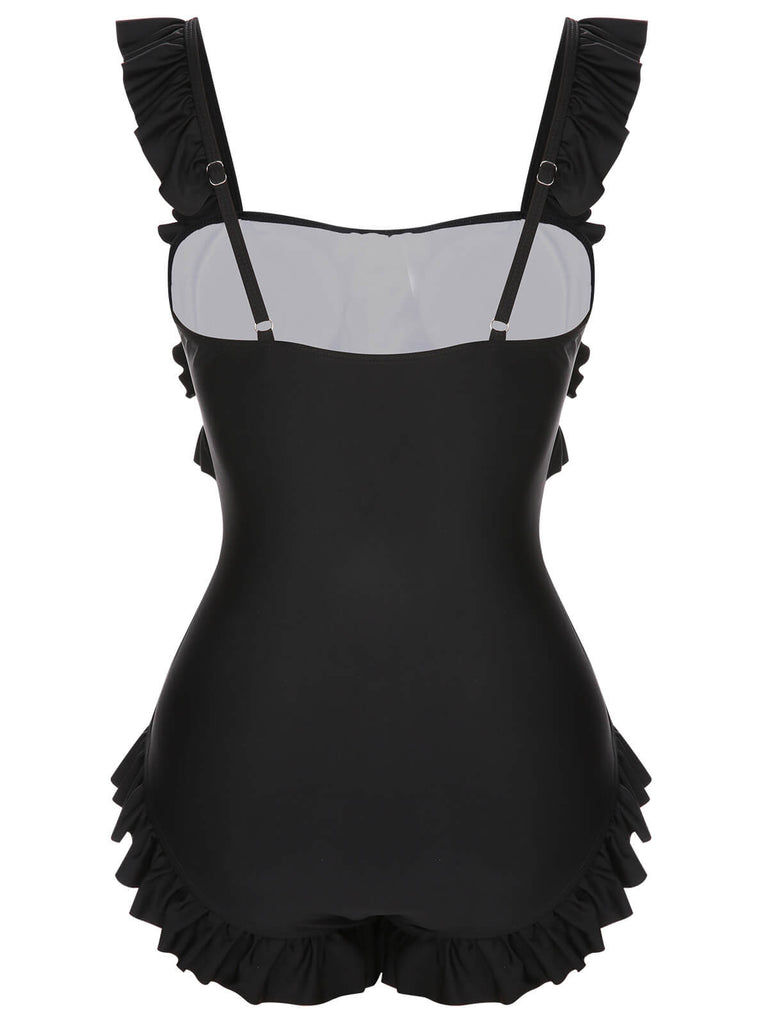 Black 1960s Tuxedo Ruffle Strap Swimsuit