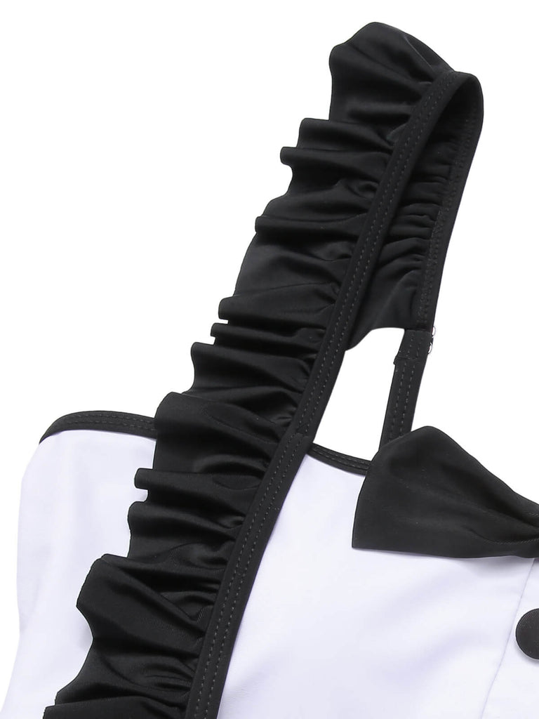 Black 1960s Tuxedo Ruffle Strap Swimsuit