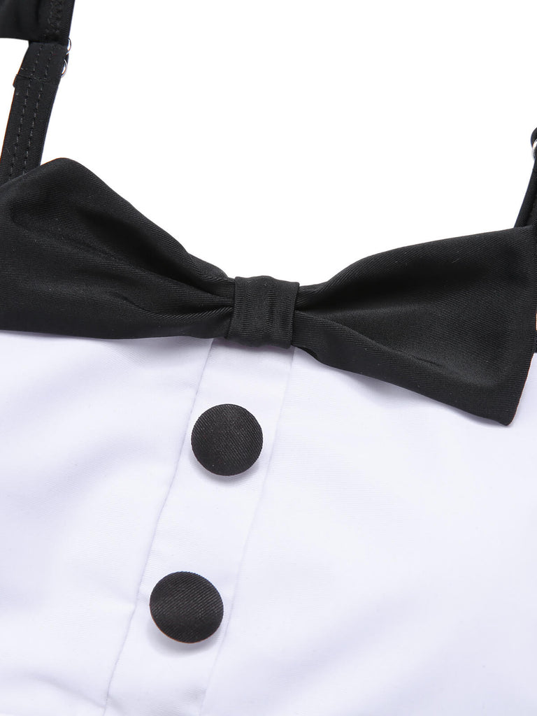 Black 1960s Tuxedo Ruffle Strap Swimsuit