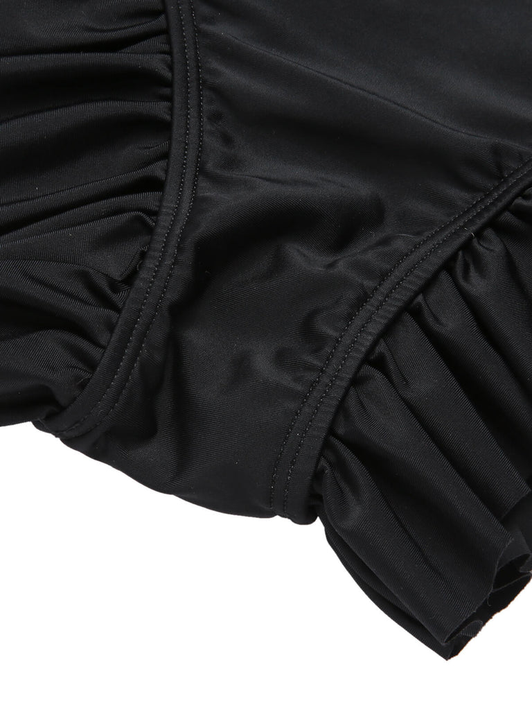 Black 1960s Tuxedo Ruffle Strap Swimsuit