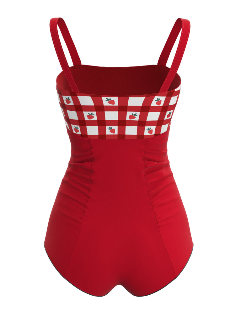 Red 1950s Strawberry Plaid Suspender Swimsuit