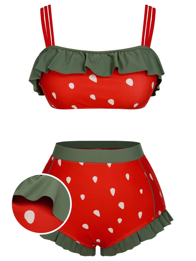 Red 1950s Strawberry Ruffle Strap Swimsuit