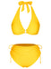 Yellow 1970s Lace-Up Halter Bikini Set