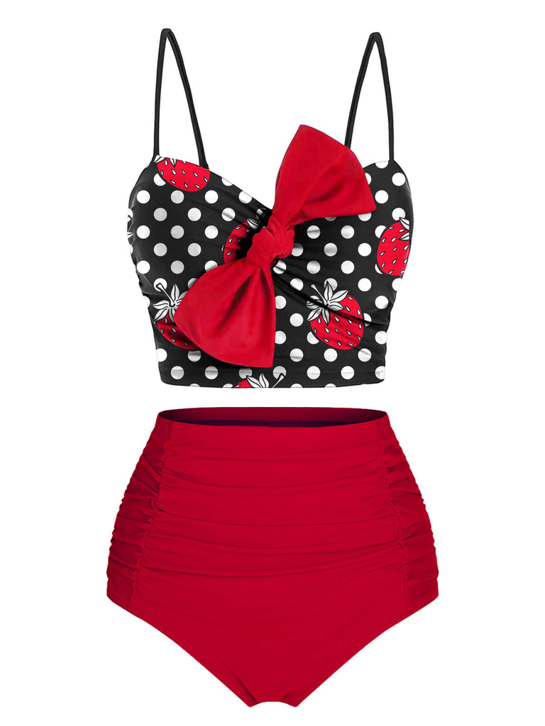 Red & Black 1950s Strawberry Dots Bowknot Swimsuit