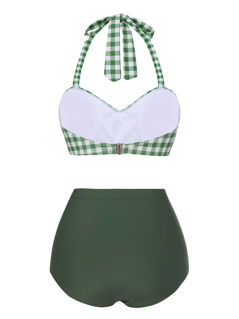 [Pre-Sale] Green Gray 1940s Halter Plaids Swimsuit