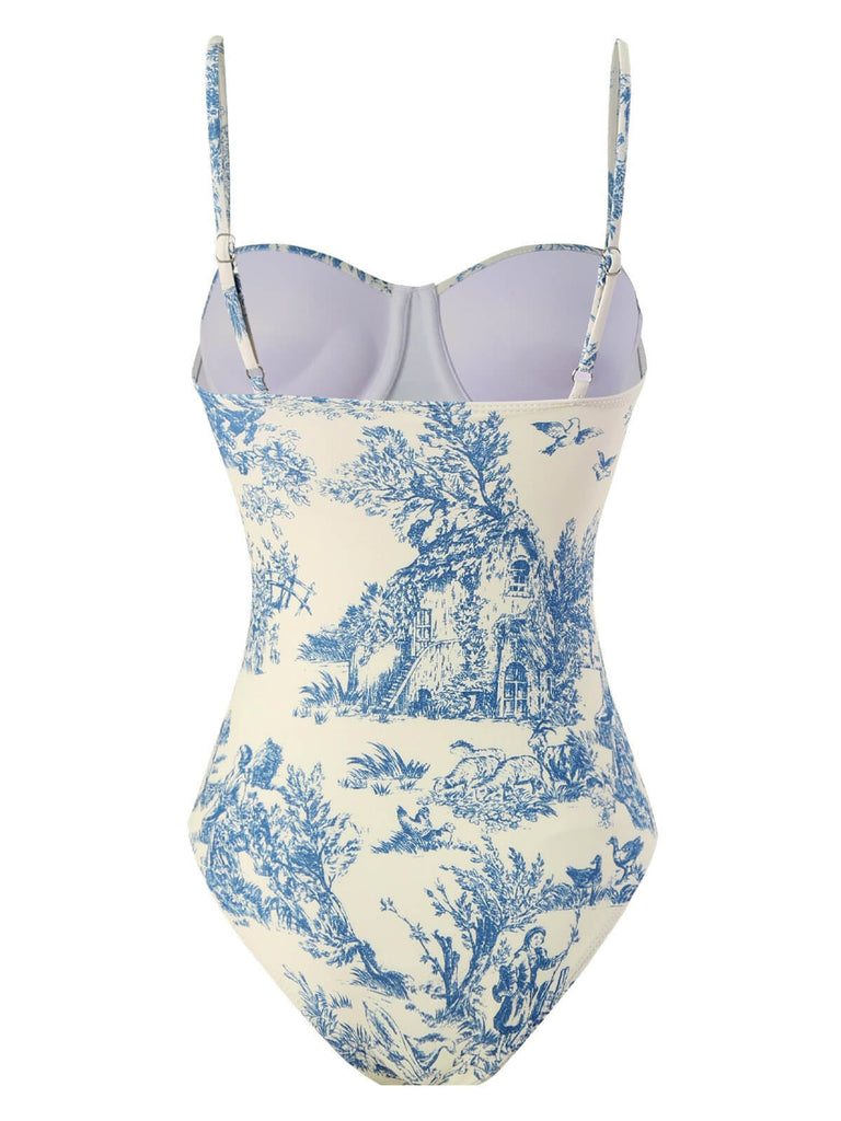 1960s Ink Floral Spaghetti Strap One-Piece Swimsuit