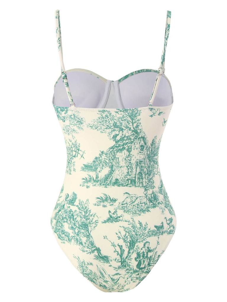 1960s Ink Floral Spaghetti Strap One-Piece Swimsuit