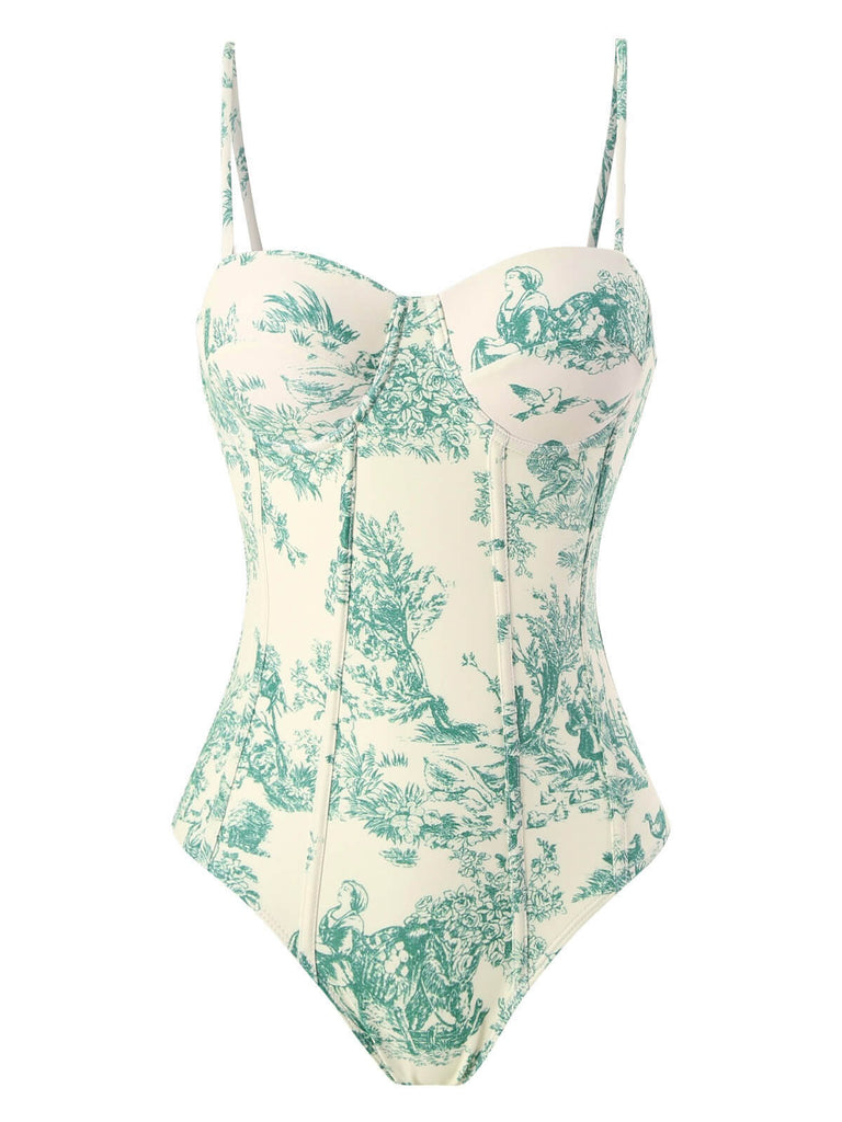 1960s Ink Floral Spaghetti Strap One-Piece Swimsuit