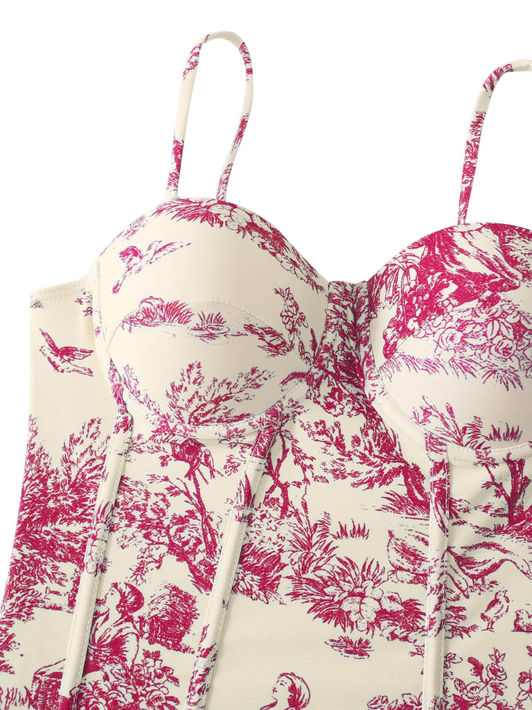 1960s Ink Floral Spaghetti Strap One-Piece Swimsuit