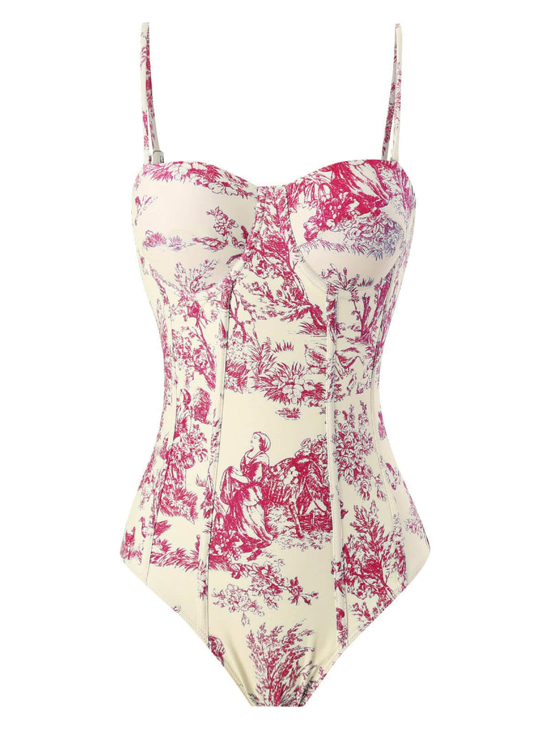 1960s Ink Floral Spaghetti Strap One-Piece Swimsuit
