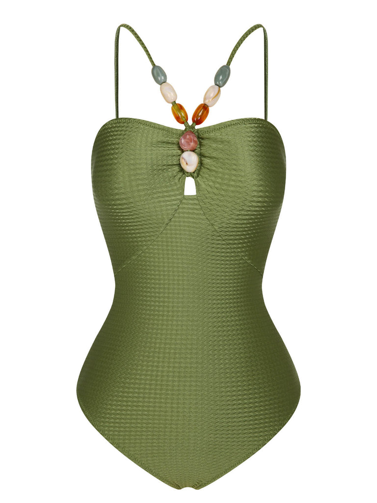 1960s Solid Textured Bandeau Halter Swimsuit