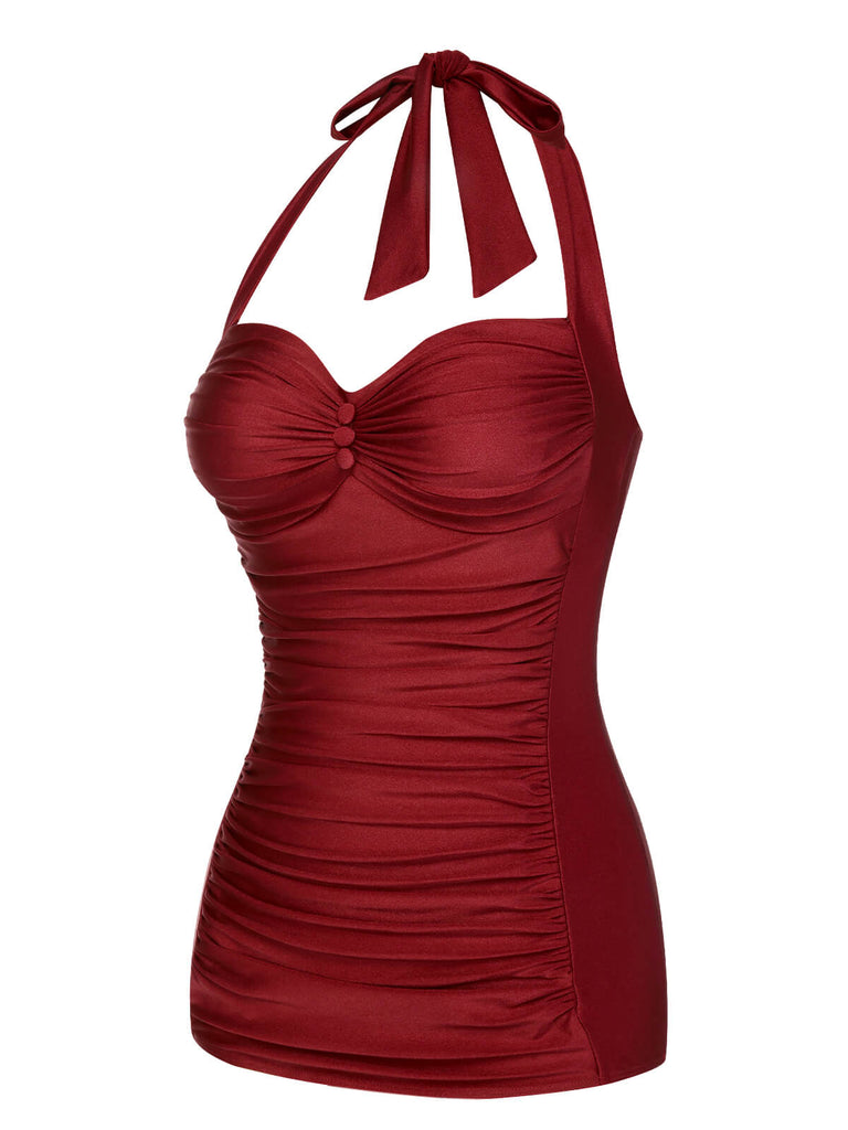 Black 1950s Solid Gathered Halter Swimsuit