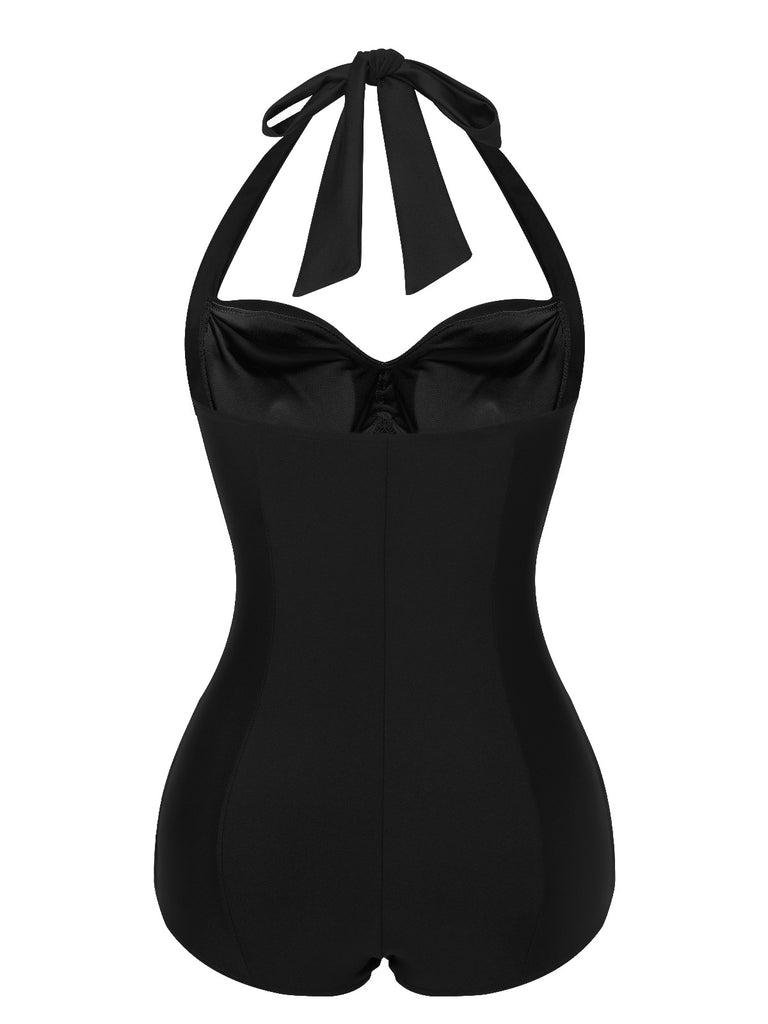 Black 1950s Solid Gathered Halter Swimsuit