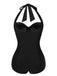 Black 1950s Solid Gathered Halter Swimsuit