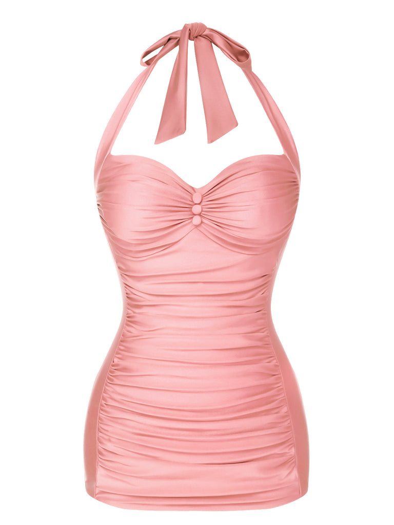 Black 1950s Solid Gathered Halter Swimsuit