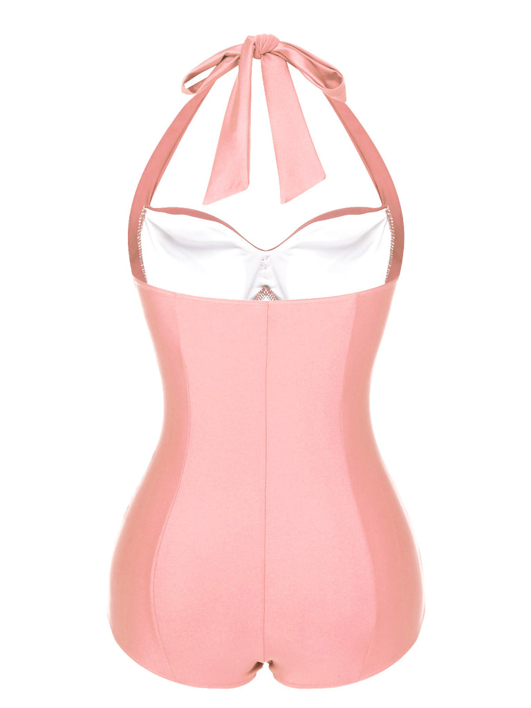 Black 1950s Solid Gathered Halter Swimsuit